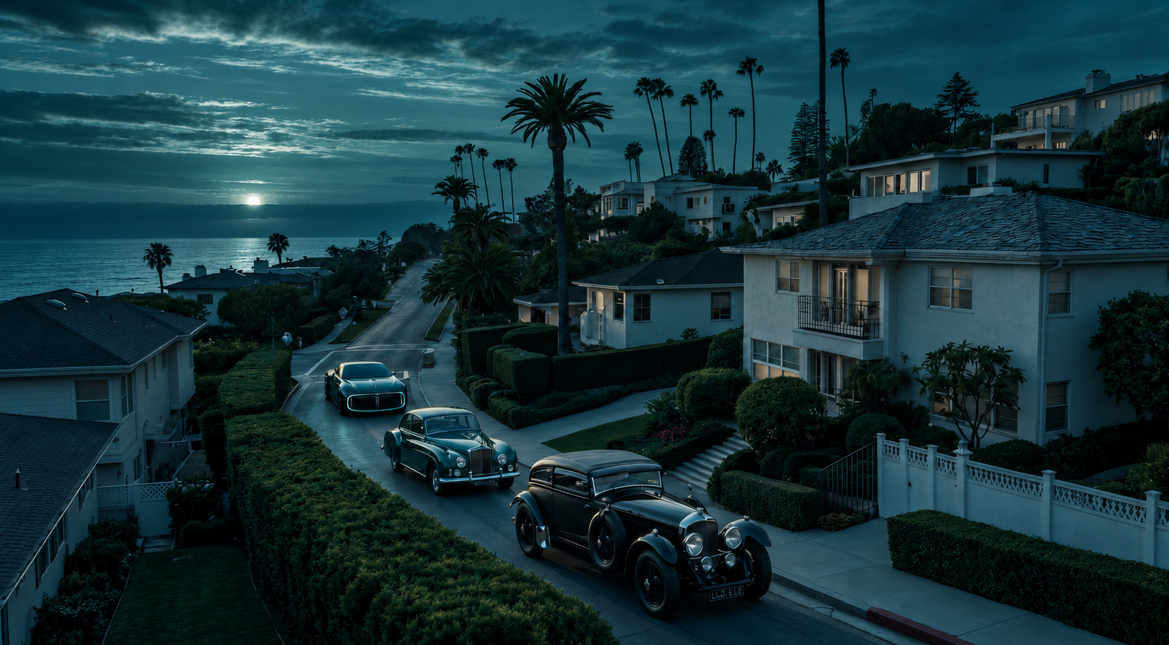 Two classic Bentley cars and the deep blue-green Reverie concept on a palm-lined coastal road in cool blue-green twilight.