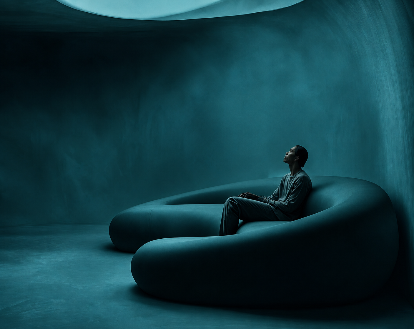 A person resting in a quiet sculptural lounge.