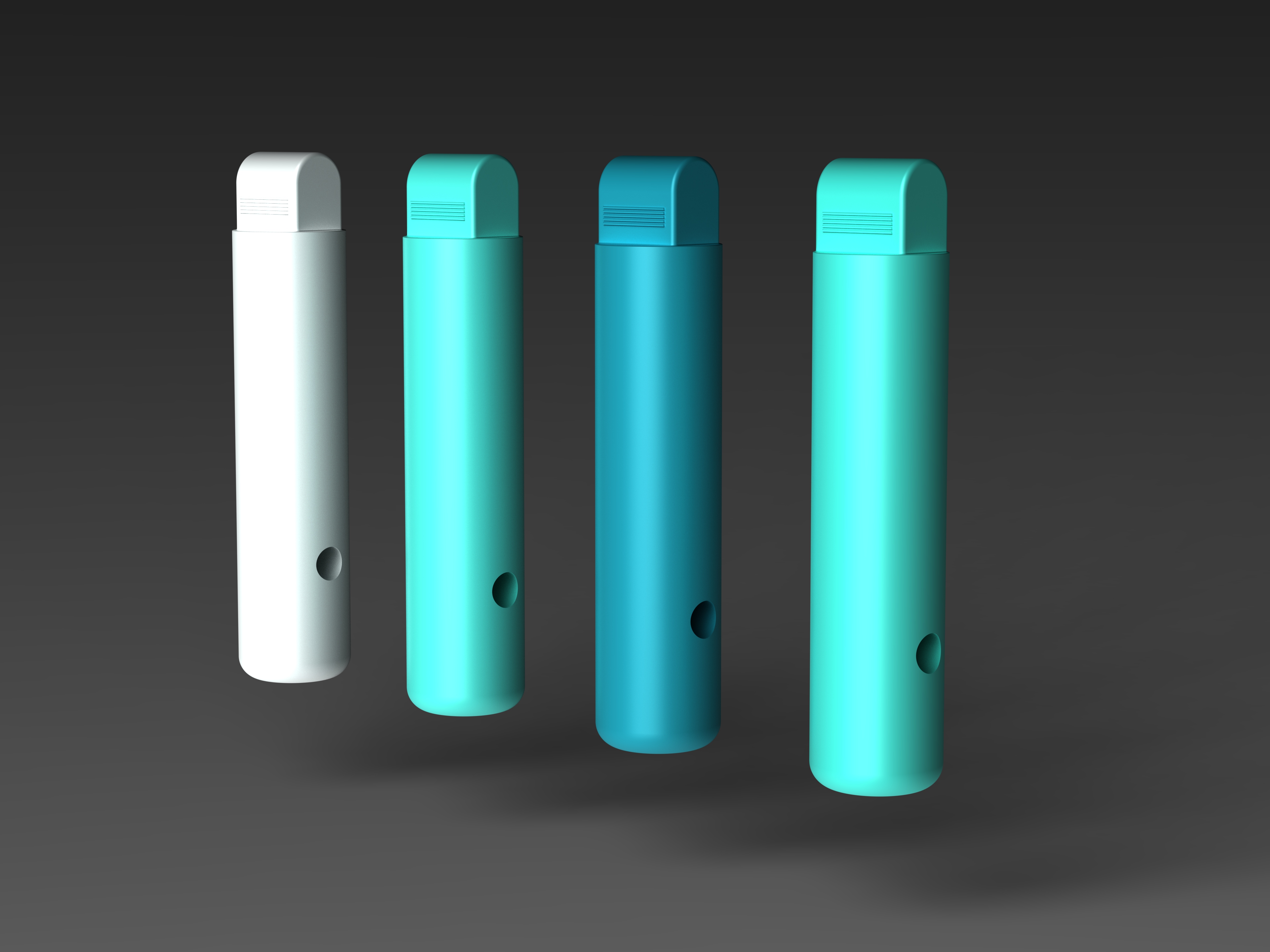 Four filter cartridges in white, aqua, deep teal, and mint, shown from left to right.