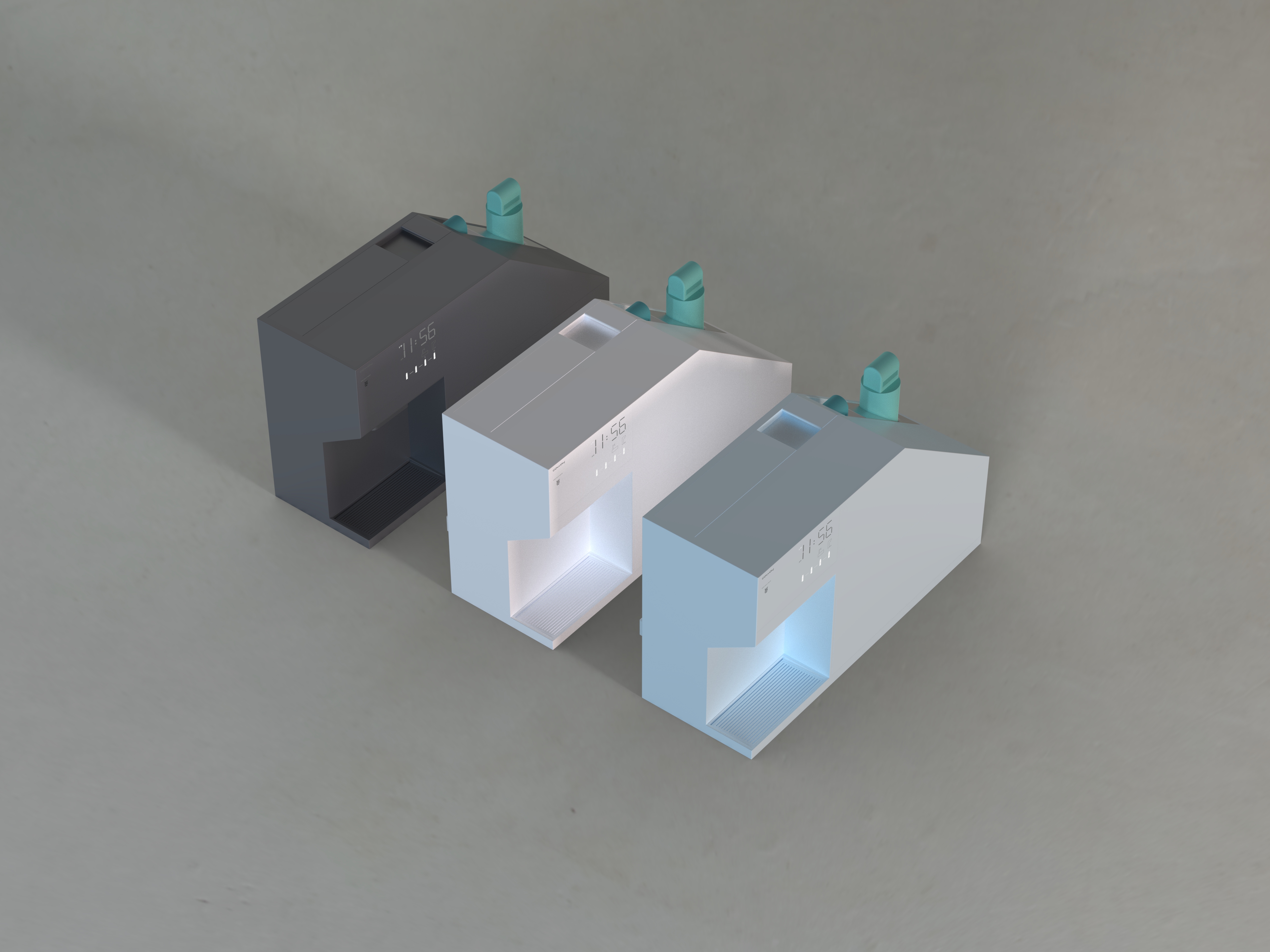 Three Coway water purifiers viewed from above on a gray studio surface.