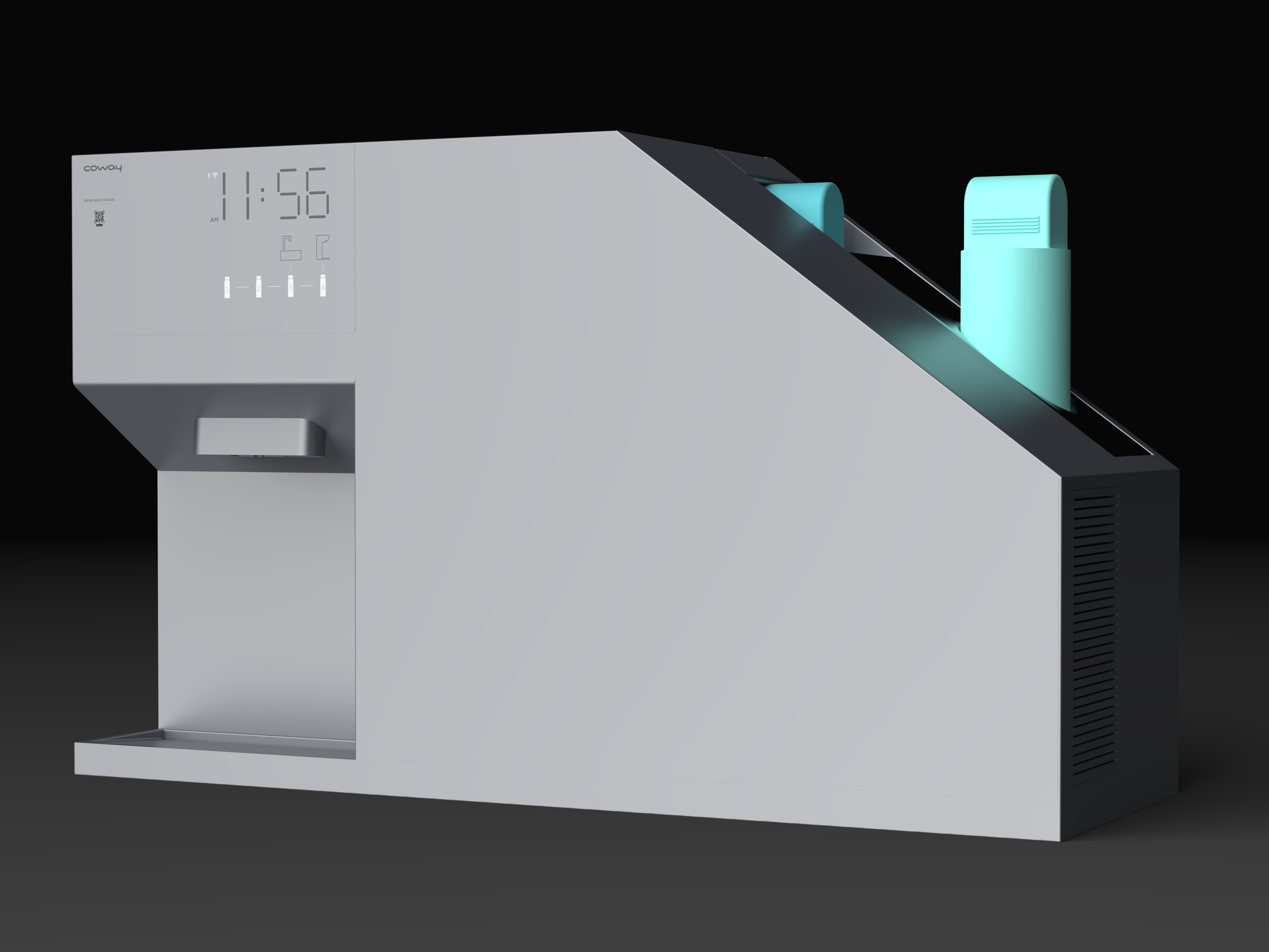 Coway purifier with aqua cartridges and a recessed dispensing bay.