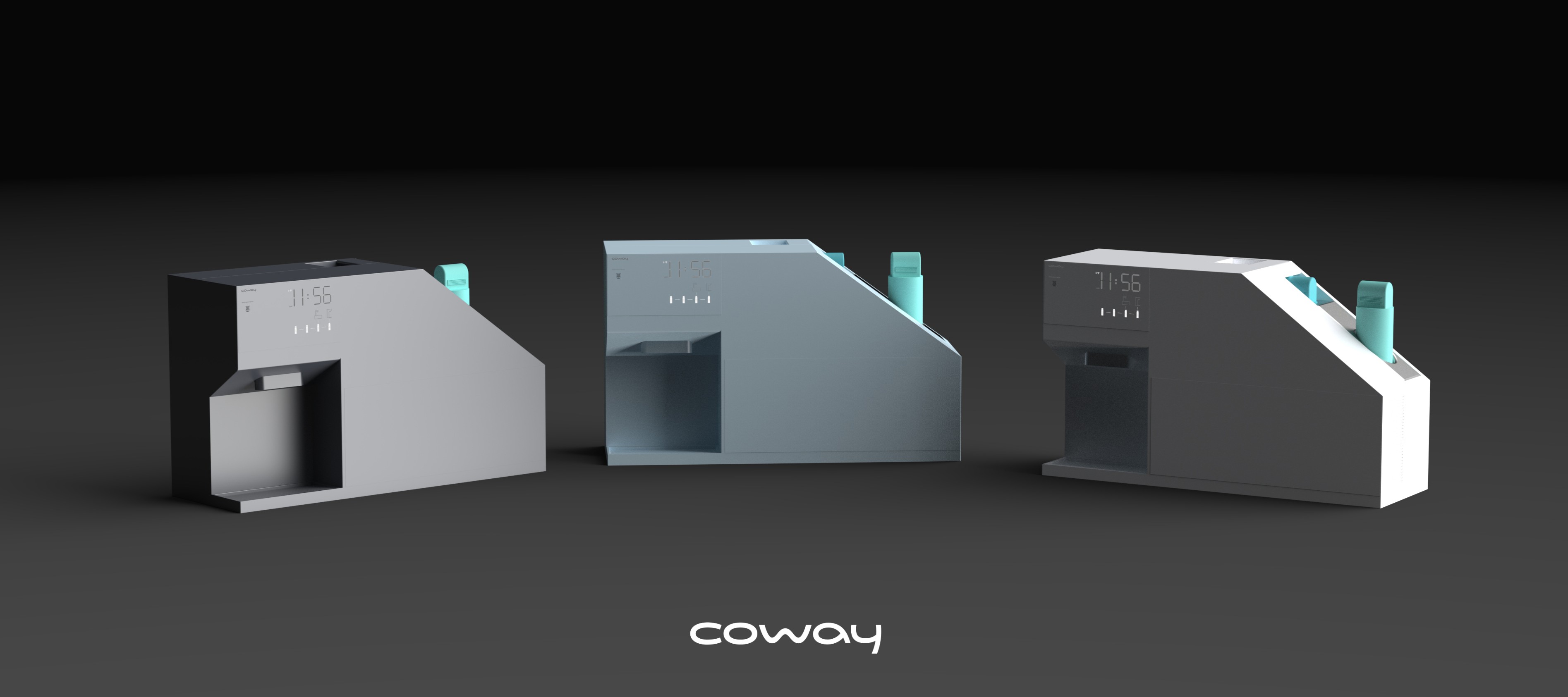 Three Coway purifier finishes with aqua filter cartridges and a white Coway wordmark in a dark studio.