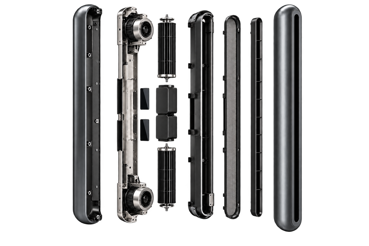 Exploded AirWall concept showing separated housing, motors, impellers, batteries, displays, mesh and discharge outlet.
