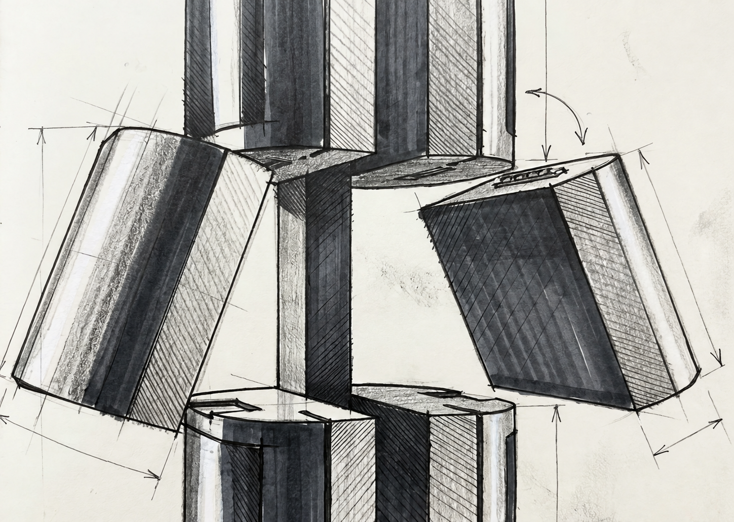Exploded pencil sketch showing separable modules within the vertical body.