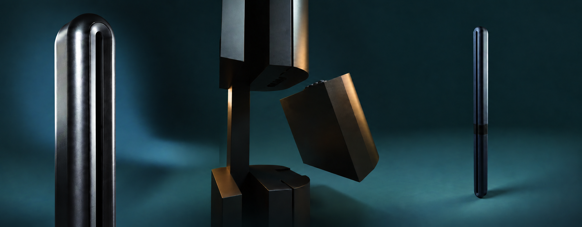 Three AirWall concept views: curved outlet detail, separated module, and complete vertical form against a continuous dark teal studio backdrop.
